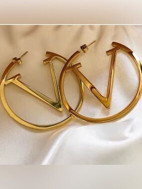 Gold Initial V Hoop Earrings Designer Inspired Minimal Statement Chic